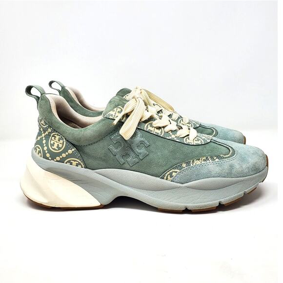 Tory Burch T Monogram Good Luck Trainer Suede Sneakers Blue Celadon Size US 9 - Picture 3 of 10